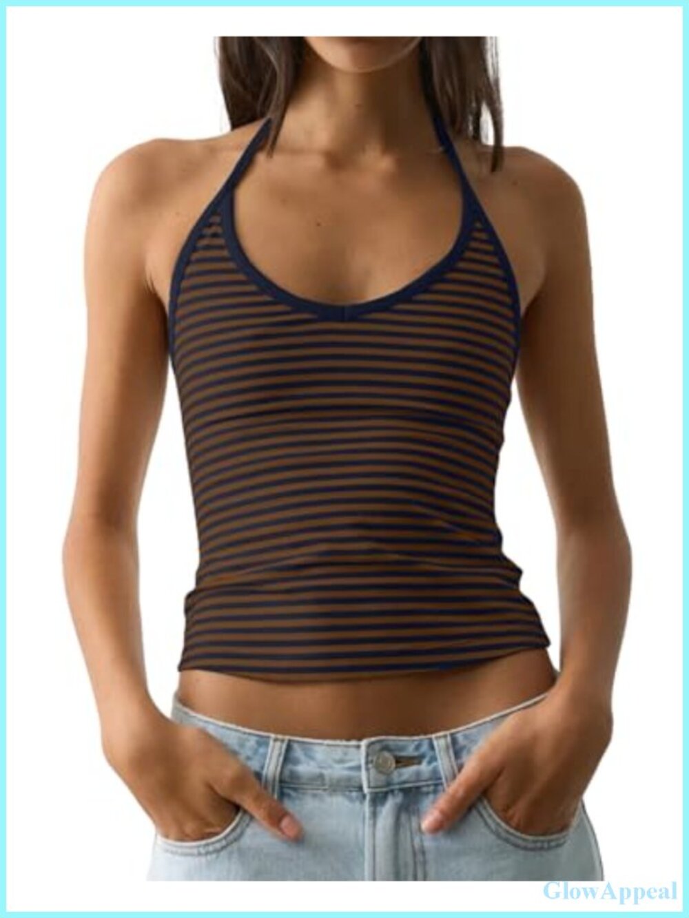Women's Sleeveless V-Neck Striped Crop Tank Top Tie-Up Halter Backless